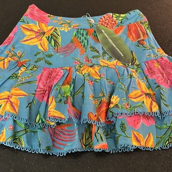 Farm Rio Toucans Garden Tiered Cotton Mini Skirt in Blue. size M - Picture 11 of 11